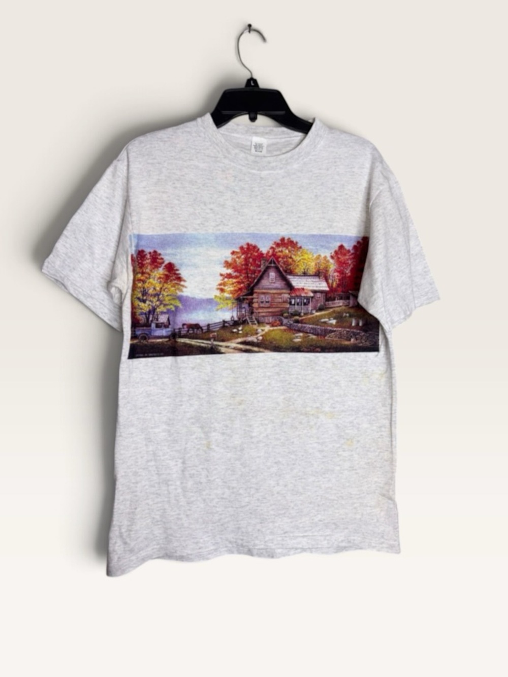 Vintage 1987 Cabin Lake Graphic T Shirt Medium Made USA Heather Gray Cottagecore